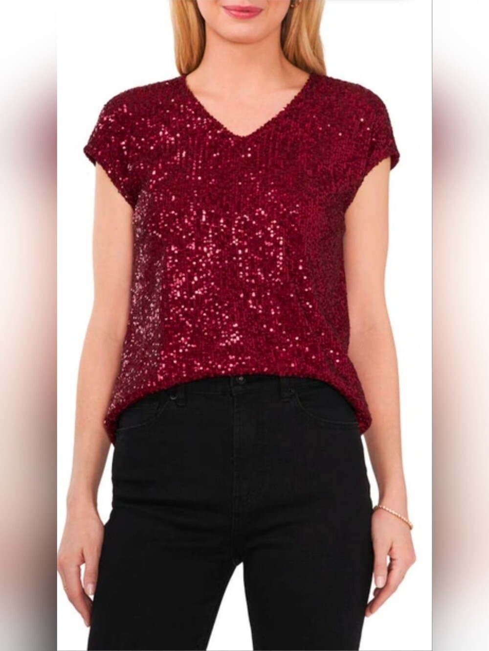 Vince Camuto Short Sleeve  Sequin Top Occasion  Confetti Ready Dark Wine Med $79